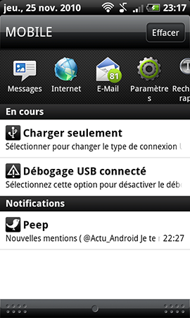 test HTC desire Z barre de notifications