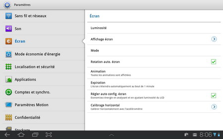 Samsung  galaxy tab 10.1 parametres