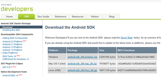 page de telechargement du SDK android