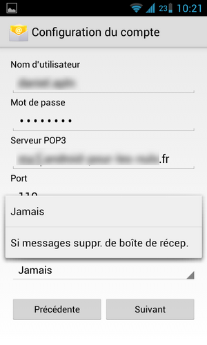 tuto email android suppression du serveur